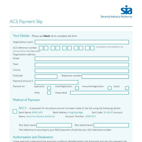 Document preview: SIA Approved Contractor Scheme payment slip — Security Industry Authority, United Kingdom