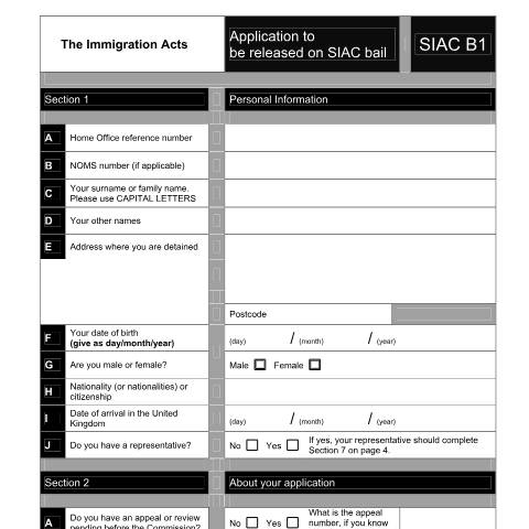 Document preview: Form T621: Application to be released on SIAC bail (SIAC B1) — HM Courts & Tribunals Service, United Kingdom
