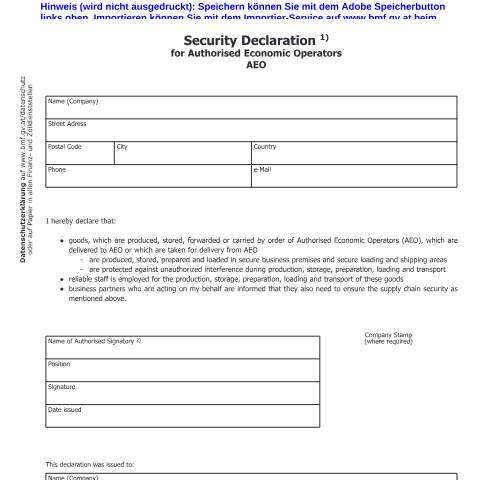Dokumentvorschau: Za251E — Security Declaration for Authorised Economic Operators AEO — Zoll, Österreich (CERFA n°Za251E)