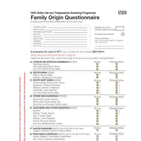Document preview: Sickle cell and thalassaemia screening: family origin questionnaire — Public Health England, United Kingdom