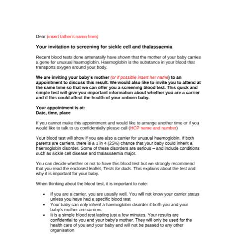 Document preview: Template letter: sickle cell and thalassaemia screening for fathers — Public Health England, United Kingdom