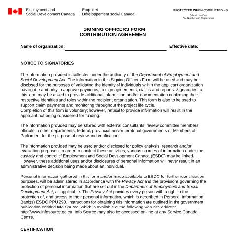 Document preview: Signing Officers Form Contribution Agreement — Employment and Social Development Canada, Canada (CERFA n°EMP5567)