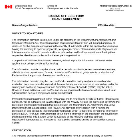 Document preview: Signing Officers Form Grant Agreement — Employment and Social Development Canada, Canada (CERFA n°EMP5566)