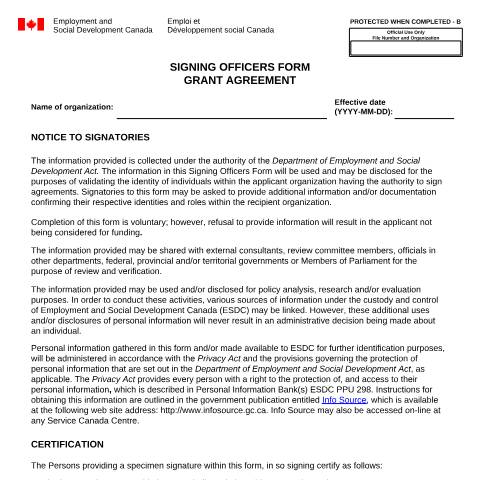 Document preview: Signing Officers Form - New Horizons for Seniors Program (NHSP) — Employment and Social Development Canada, Canada (CERFA n°EMP5724)