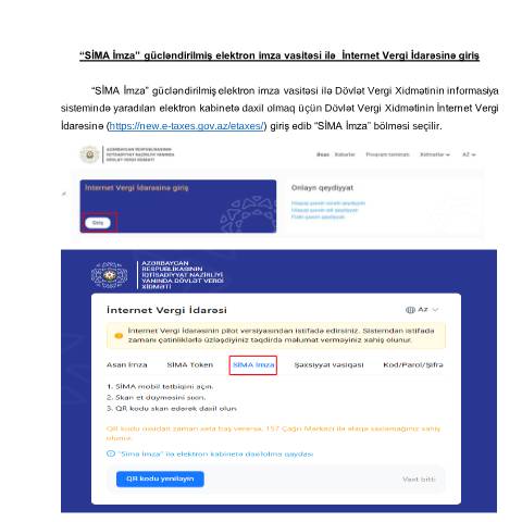 Document preview: "SİMA İmza" gücləndirilmiş elektron imza vasitəsi ilə İnternet Vergi İdarəsinə giriş — Digər vergi/rəsmi sənədlər (autres documents fiscaux/officiels), Azərbaycan