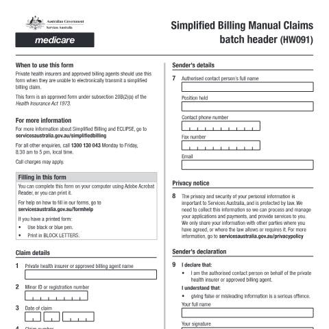 Document preview: Simplified Billing manual claims batch header form (HW091) — Services Australia — Health professionals, Australia (CERFA n°HW091)