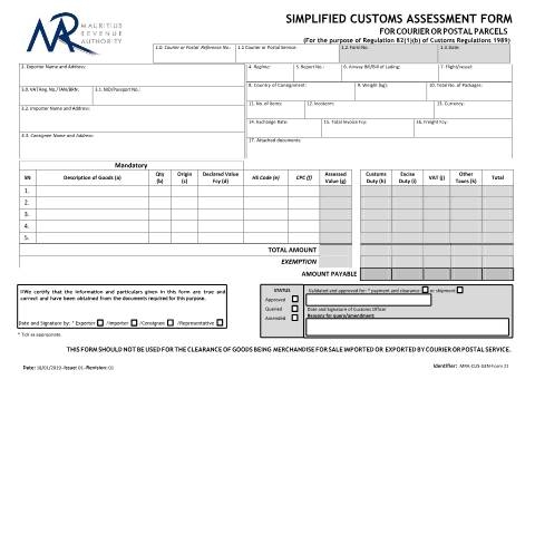 Document preview: Simplified Customs Assessment Form — Form, Mauritius (CERFA n°SimplifiedCustomsAssessmentForm)