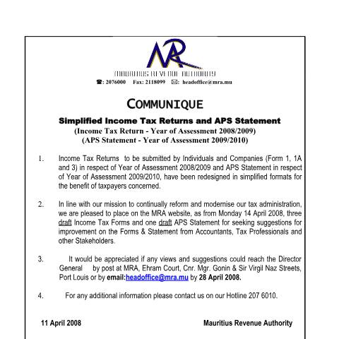Document preview: Simplified Income Tax Returns and APS Statement (11.04.2008) — Form, Mauritius (CERFA n°SimplifiedForm)