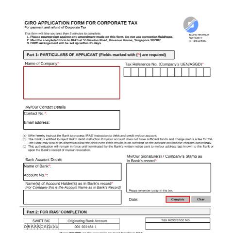 Document preview: Corporate Tax GIRO Application Form — IRAS / Companies, Singapore (CERFA n°GIRO_CIT_APPLN_FORM)