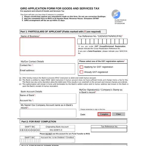Document preview: GST GIRO Application Form — IRAS / Others, Singapore (CERFA n°GST_GIROFORMFRONT)