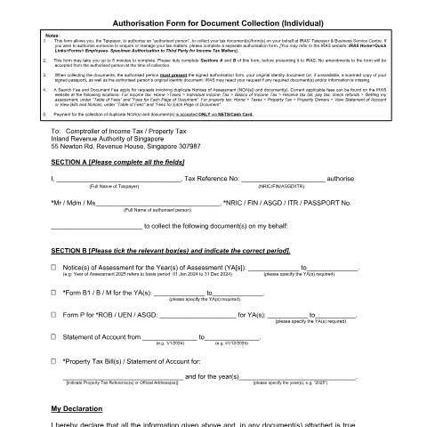 Document preview: Authorisation Form for Document Collection (Individual) — IRAS / Employees, Singapore (CERFA n°F24-LETTER-OF-AUTHORISATION_2025-02-19_V1-0)