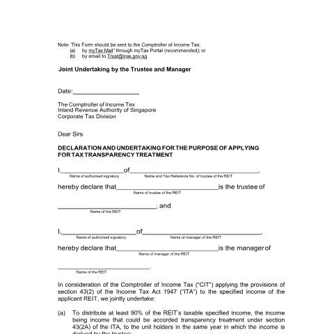 Document preview: Joint Undertaking by Trustee and Manager for the Purpose of Applying for Tax Transparency Treatment — IRAS / Trust, Singapore (CERFA n°REITS---JOINT-UNDERTAKING-BY-TRUSTEE-AND-MANAGER_11-JUL-2019_SIGNED)