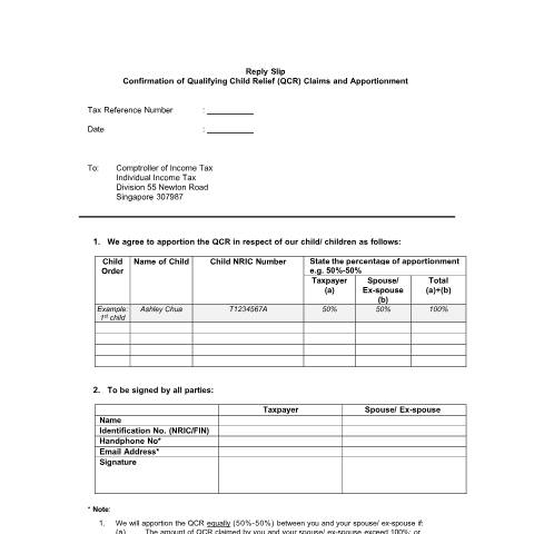 Document preview: Reply Slip for Qualifying Child Relief (QCR) Claims and Apportionment — IRAS / Employees, Singapore (CERFA n°APPLICATION-FOR-QCR-V1-0)