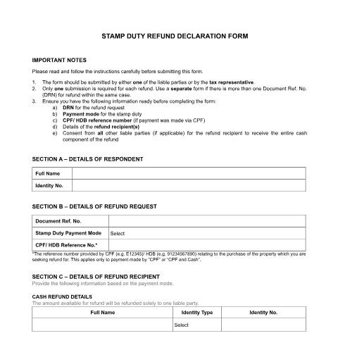 Document preview: Refund Declaration Form — IRAS / Stamp Duty, Singapore (CERFA n°STAMP-DUTY-REFUND-DECLARATION-FORM1E7B64FB-EC14-4DBF-B65A-BEF0FD34B005)