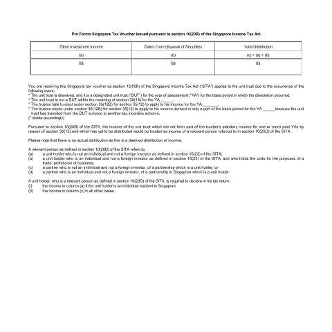 Document preview: REIT ETF Pro Forma Singapore Tax Voucher issued pursuant to section 10(20B) of the Singapore Income Tax Act — IRAS / Trust, Singapore (CERFA n°PRO-FORMA-SINGAPORE-TAX-VOUCHER-ISSUED-PURSUANT-TO-SECTION-10(20B)-OF-THE-SINGAPORE-INCOME-TAX-ACT-(REIT-ETF))