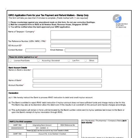 Document preview: Stamp Duty GIRO Form — IRAS / Giro Application Forms, Singapore (CERFA n°GIRO_SD_APPLICATION_FORM)