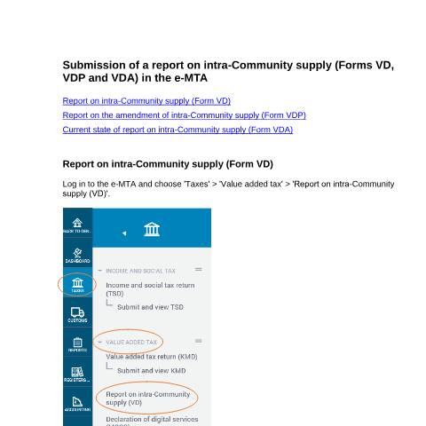 Document preview: Submission of a report on intra-Community supply (forms VD, VDP and VDA) in the e-MTA — business-client, Eesti (CERFA n°VD)