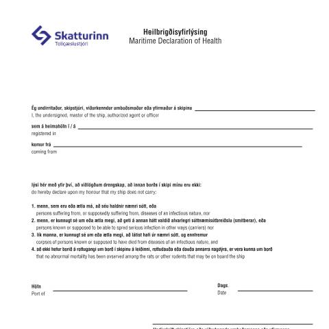 Document preview: TO9 Maritime Declaration of Health Icelandic / English — Customs, Ísland