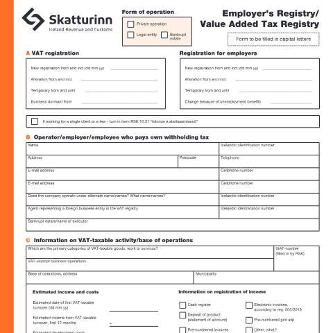 Document preview: Notification to tax authorities, registration in the employer‘s registry and/or value added tax registry — Forms, Ísland (CERFA n°RSK 5.02)