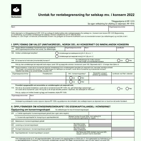 Document preview: Exemption from interest limitation for companies, etc. in groups (DISCONTINUED) — Skatteetaten / Forms, Norge (CERFA n°RF-1509)