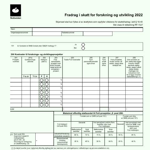 Document preview: Fradrag i skatt for forskning og utvikling (UTGÅTT) — Skatteetaten / Forms, Norge (CERFA n°RF-1053)