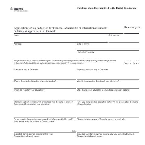 Document preview: 04.062 EN - Application for tax deduction for Faroese, Greenlandic or international students or business apprentices in Denmark — 04 Tax: tax return and preliminary income – individuals, Danmark (CERFA n°04.062)