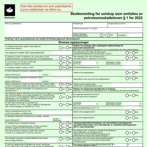 Document preview: Skattemelding for selskap som omfattes av petroleumsskatteloven — Skatteetaten / Forms, Norge (CERFA n°RF-1323)