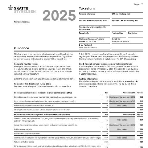 Document preview: 04.003 EN - Tax return — 04 Tax: tax return and preliminary income – individuals, Danmark (CERFA n°04.003)