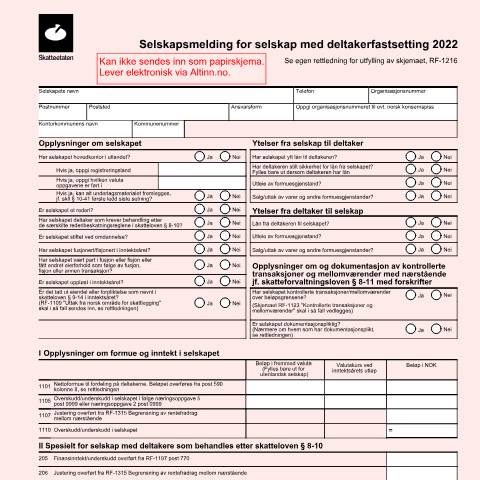 Document preview: The company tax return for businesses assessed as a partnership (DISCONTINUED) — Skatteetaten / Forms, Norge (CERFA n°RF-1215)