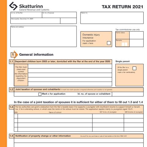 Document preview: Tax return for individuals 2021 — Forms, Ísland (CERFA n°RSK 1.10)