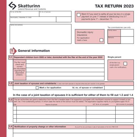 Document preview: Tax return for individuals 2023 — Forms, Ísland (CERFA n°RSK 1.10)