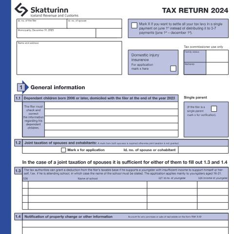 Document preview: Tax return for individuals 2024 — Forms, Ísland (CERFA n°RSK 1.10)