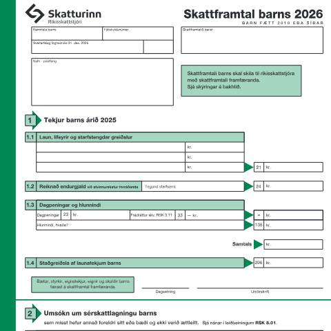 Document preview: Skattframtal barns 2026, vegna tekjuársins 2025 — Einstaklingar, Ísland (CERFA n°RSK 1.02)