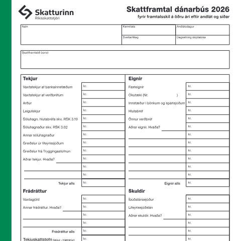 Document preview: Skattframtal dánarbús 2026, fyrir framtalsskil á öðru ári eftir andlát og síðar. — Einstaklingar, Ísland (CERFA n°RSK 1.03)