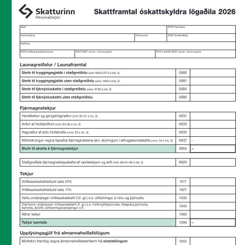 Document preview: Skattframtal óskattskyldra lögaðila 2026. — Einstaklingar, Ísland (CERFA n°RSK 1.06)