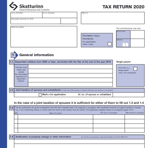 Document preview: Tax return for individuals 2020 — Forms, Ísland (CERFA n°RSK 1.10)