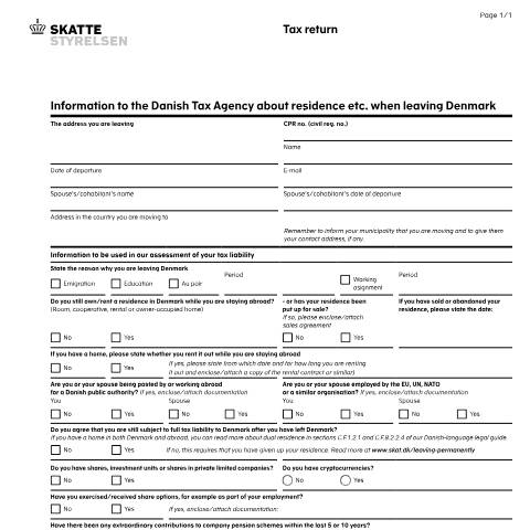 Document preview: 04.029 EN – The Danish Tax Agency must be informed about your new address etc. when you leave Denmark — 04 Tax: tax return and preliminary income – individuals, Danmark (CERFA n°04.029)