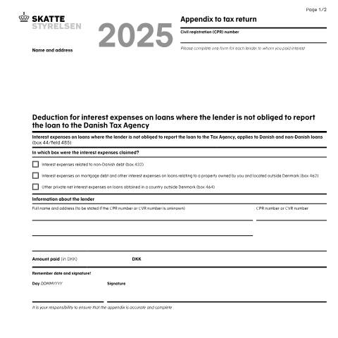 Document preview: 04.071A EN - Appendix to tax return. Deduction for interest expenses on loans where the lender is not obliged to report the payments to the Danish Tax Agency — 04 Tax: tax return and preliminary income – individuals, Danmark (CERFA n°04.071A)