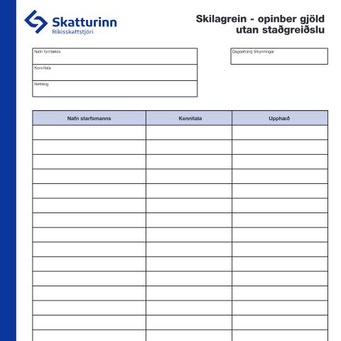 Document preview: Skilagrein - opinber gjöld utan staðgreiðslu — Innheimta, Ísland (CERFA n°RSK 22.13)