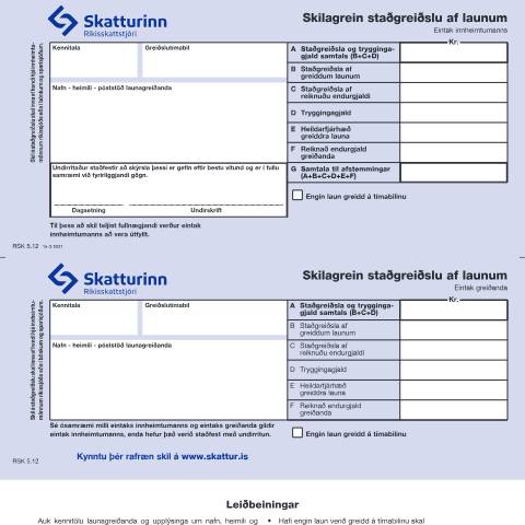 Document preview: Skilagrein staðgreiðslu af launum. — Einstaklingar, Ísland (CERFA n°RSK 5.12)