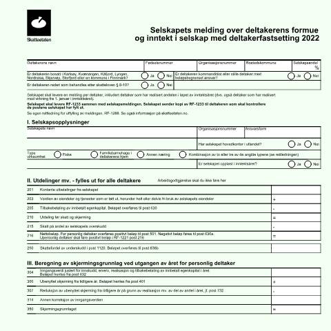 Document preview: The company’s statement of partner income and assets in a company assessed as a partnership (DISCONTINUED) — Skatteetaten / Forms, Norge (CERFA n°RF-1233)