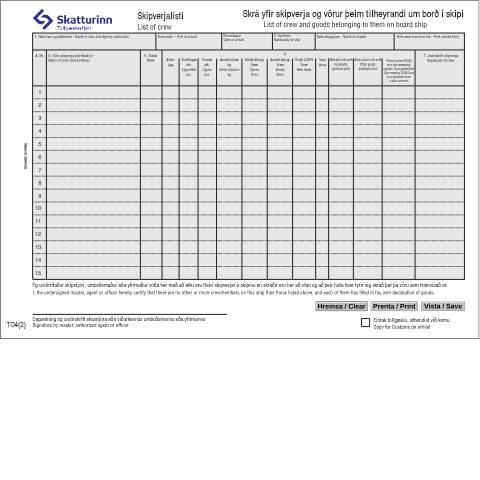 Document preview: TO4 List of crew and goods belonging to them on board ship Icelandic / English — Customs, Ísland