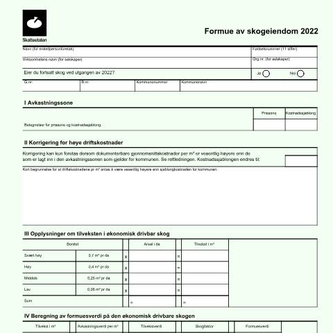 Document preview: Taxable value of forest property (DISCONTINUED) — Skatteetaten / Forms, Norge (CERFA n°RF-1016)
