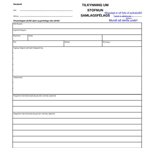 Document preview: Tilkynning um stofnun samlagsfélags — Fyrirtækjaskrá, Ísland (CERFA n°RSK 17.24)