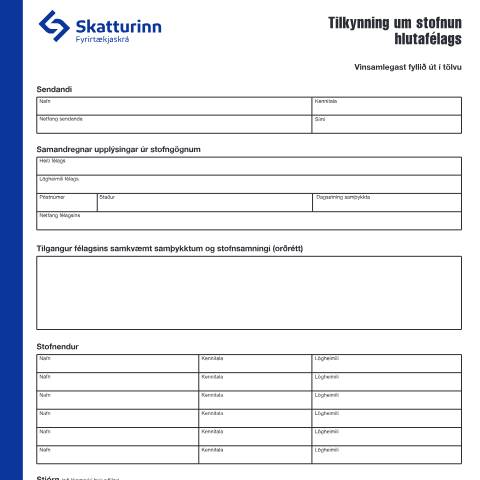 Document preview: Tilkynning um stofnun hlutafélags — Fyrirtækjaskrá, Ísland (CERFA n°RSK 17.20)