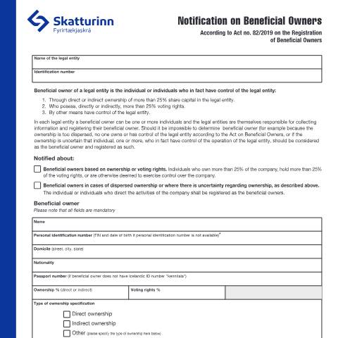 Document preview: Tilkynning um raunverulega eigendur — Fyrirtækjaskrá, Ísland (CERFA n°RSK 17.27)