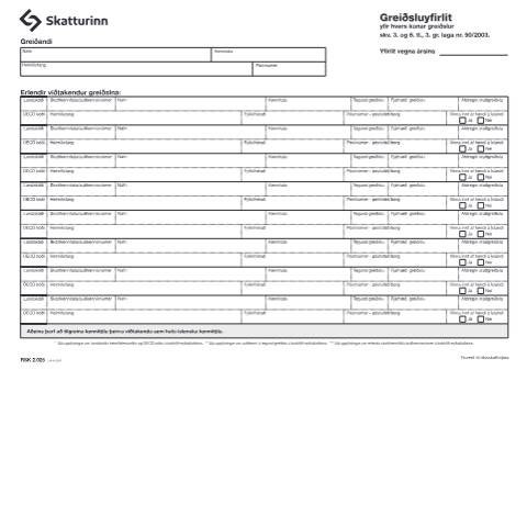Document preview: RSK 2.025 Greiðsluyfirlit, yfir hvers konar greiðslur til aðila sem bera takmarkaða skattskyldu hér á landi. — Einstaklingar, Ísland