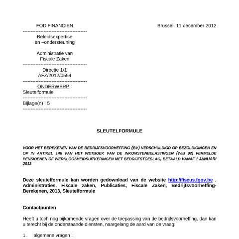 Aperçu du document Sleutelformule vanaf 1 januari 2013 (PDF, 124.04 KB) — FOD Financiën, Belgique (CERFA n°Sleutelformule 2013)