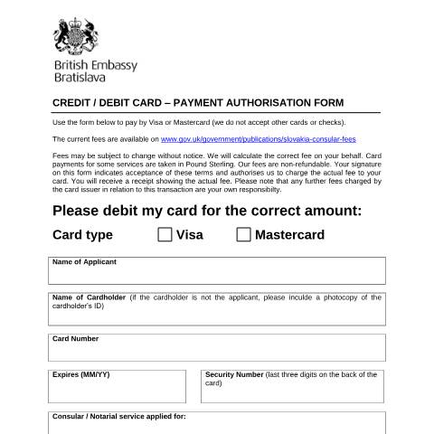 Document preview: Slovakia: credit card authorisation form — Foreign & Commonwealth Office, Foreign, Commonwealth & Development Office, United Kingdom