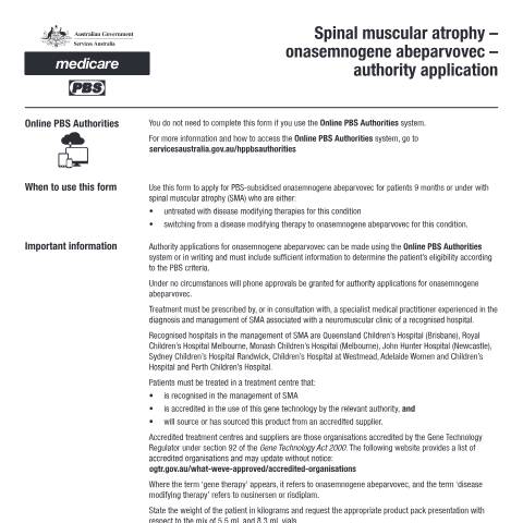 Document preview: Spinal muscular atrophy - onasemnogene abeparvovec  - authority application form (PB330) — Services Australia — Health professionals, Australia (CERFA n°PB330)